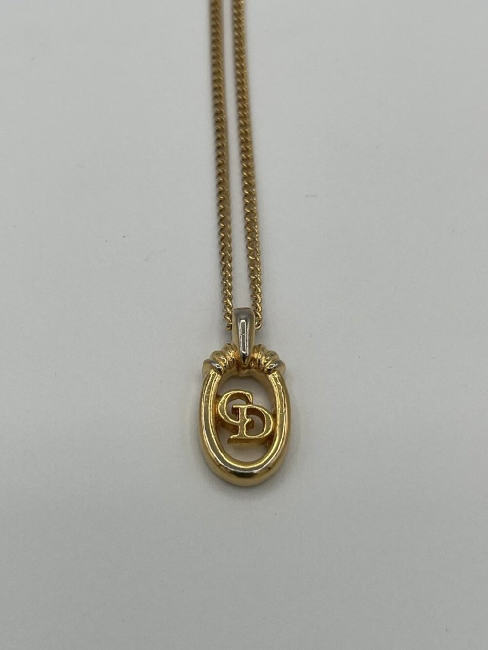 Vintage Christian Dior CD Logo Oval Pendant Necklace Gold Tone Signed Tag